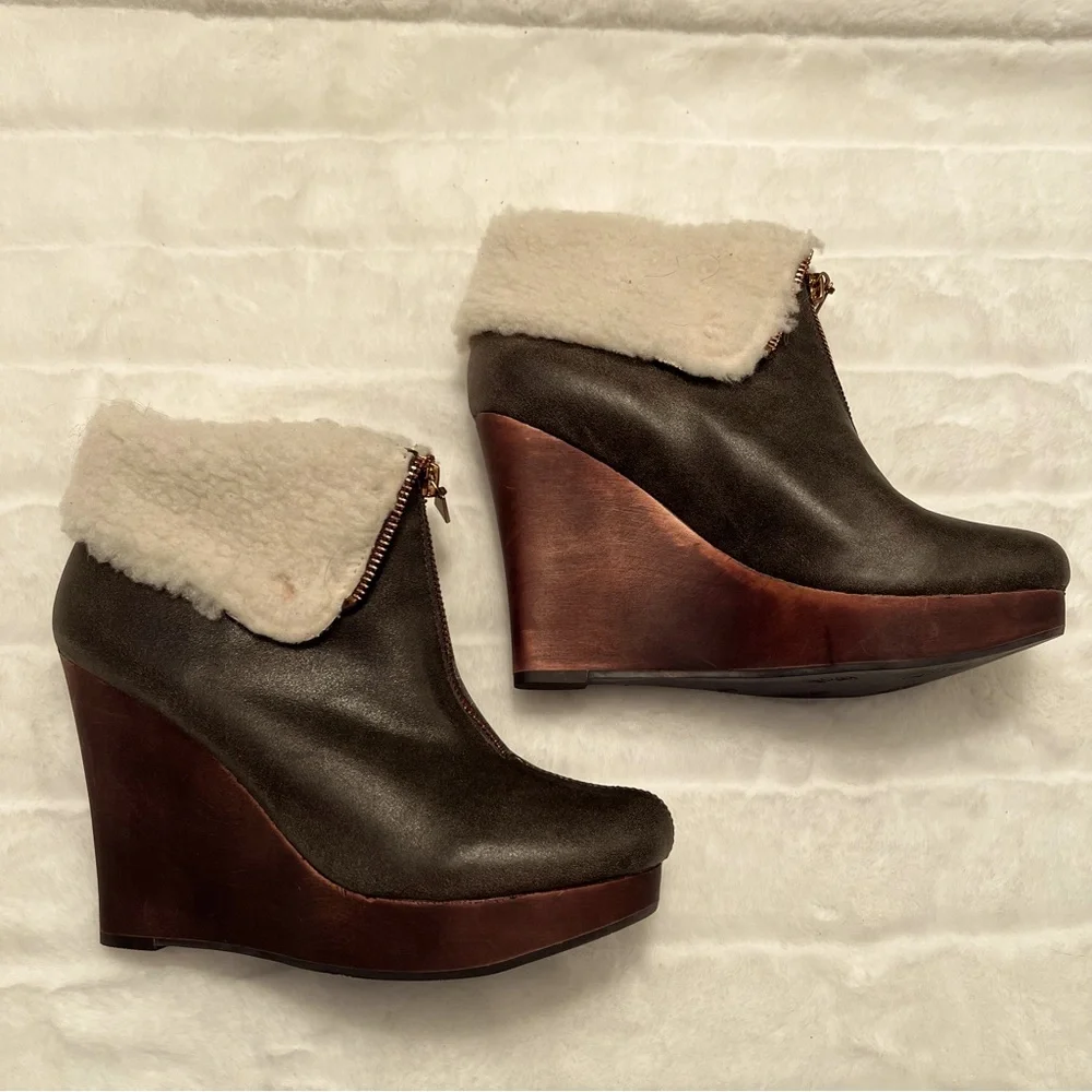 NEW Matt Bernson Brown Leather Zip Wedge Heel Bootie w/ Faux Sherpa Trim